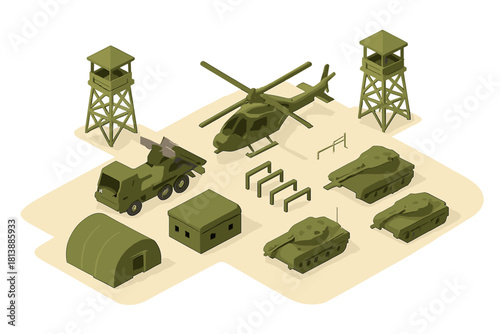 Isometric military base elements featuring tanks, helicopter, truck, and guard towers