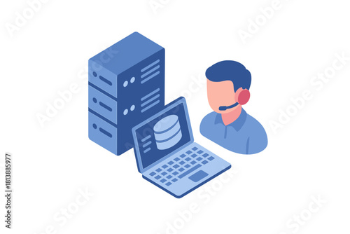 IT support specialist manages server data and technical assistance in isometric style