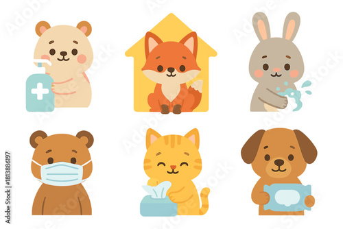 Cute cartoon animals practicing health safety and personal hygiene during pandemic