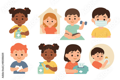 Diverse children practicing hygiene, staying home, exercising, and wearing a protective mask