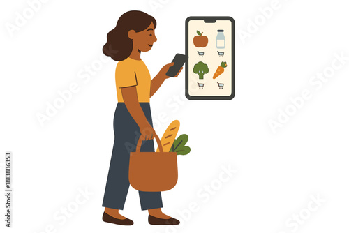 Woman using mobile app for online grocery shopping while carrying reusable bag