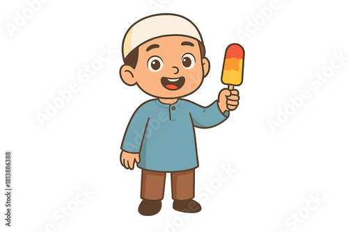 Cheerful Muslim boy in traditional attire holding a colorful frozen popsicle treat
