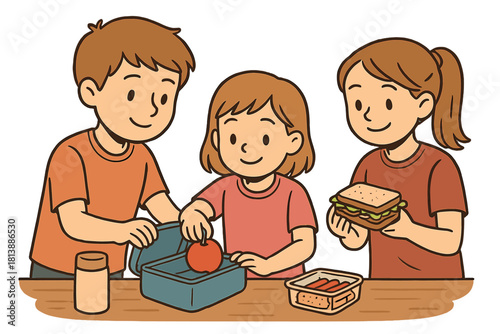 Three happy children packing healthy lunch boxes with sandwiches and fruit for school