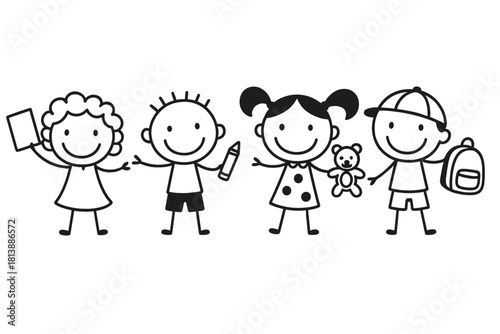 Four happy diverse children stick figures holding school supplies and toys ready for learning