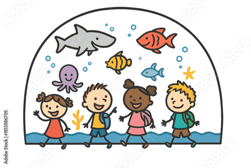 Diverse children exploring the underwater world with marine animals and sea life