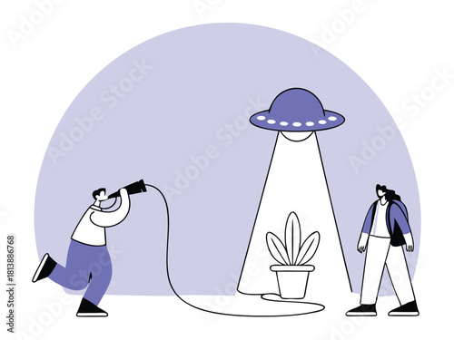 Illustration of a ufo hovering over a plant and observing figures against a white background
