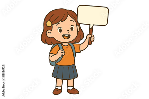 Happy schoolgirl holding a blank sign ready to go back to school with her backpack