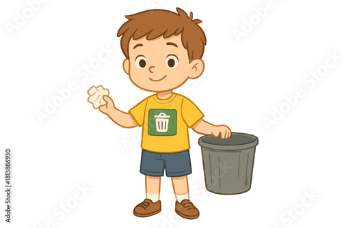 Young boy holding trash and a garbage can teaching environmental responsibility