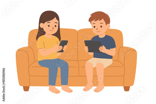 Young woman and man sitting together on a sofa using a smartphone and tablet for digital connection