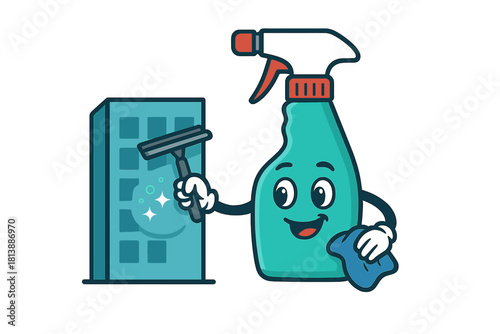 Cheerful cleaning spray bottle mascot washing a skyscraper window with a squeegee