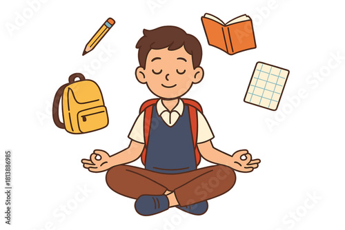 Calm student meditating to manage stress surrounded by school backpack book and pencil