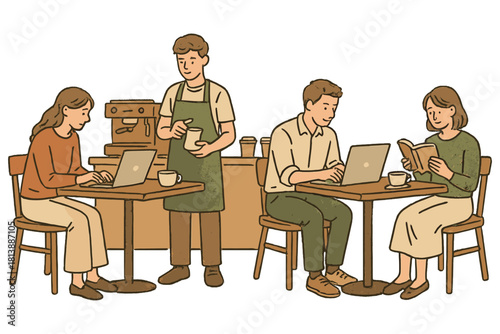 People working and relaxing in a cozy coffee shop with a barista preparing drinks