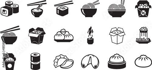 Collection of Asian Food Icons: Sushi, Noodles, Dumplings, and More