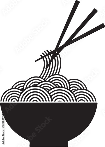 Black and White Illustration of Noodles in a Bowl with Chopsticks