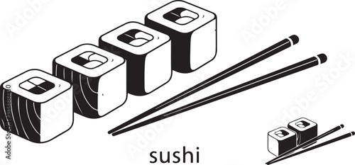 Black and White Illustration of Sushi Rolls with Chopsticks and the Word "sushi