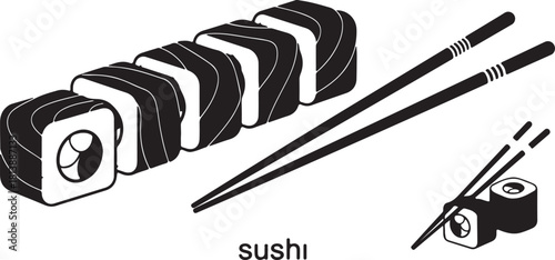 Black and White Illustration of Sushi Rolls and Chopsticks on White Background