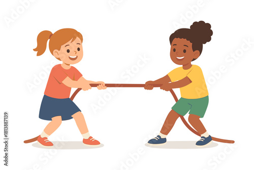 Diverse young girls playing tug of war pulling a thick rope with effort and smiling