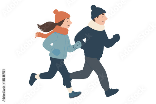 Smiling athletic couple running side by side wearing warm sportswear during winter outdoor activity