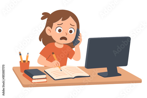 Anxious student or employee multitasking at a desk talking on a smartphone while writing