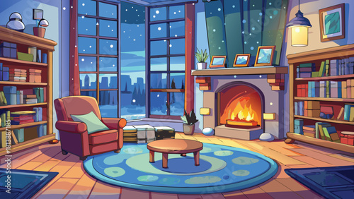 Warm cartoon bedroom featuring a comfy bed near a large snowy window scene vector illustration ai generated art