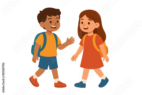 Happy diverse school children walking together and talking while wearing backpacks