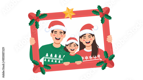 Festive Portrait of Family Cheer: A heartwarming depiction of family Christmas moments, a frame holds the happy faces of parents and a child in holiday attire.