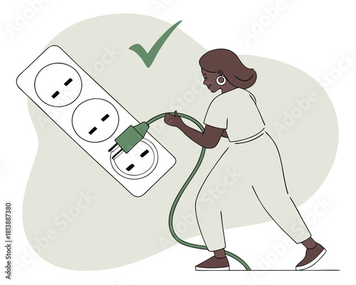 Illustration of an individual inserting an electrical plug into a power strip depicting electrical safety and proper usage