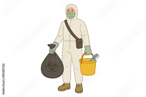 Professional wearing personal protective equipment handling hazardous materials and cleaning supplies