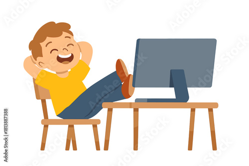 Happy young boy relaxing at desk with feet up taking break from work or school
