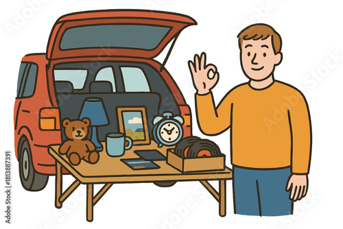 Man giving approval gesture selling used household items and records at weekend market
