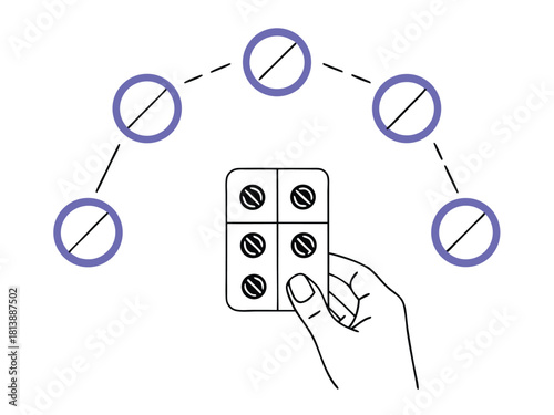 Illustration of hand holding pills blister pack with circles symbolizing treatment and healthcare