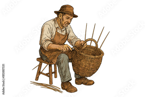 Skilled craftsman weaving a large wicker basket by hand, sitting on a wooden stool, traditional trade