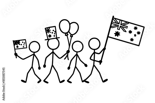 Stick figures marching in a parade holding Australian flags and balloons celebrating a national holiday