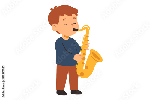 Cute cartoon child playing jazz music on a brass saxophone