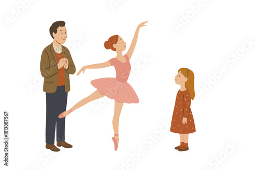 Father and daughter watching a ballerina perform a classical dance routine