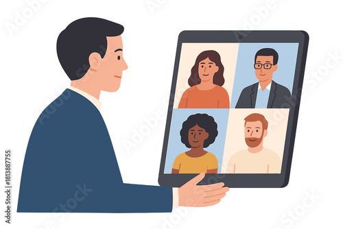 Professional engaging in a virtual group video call displayed on a portable device