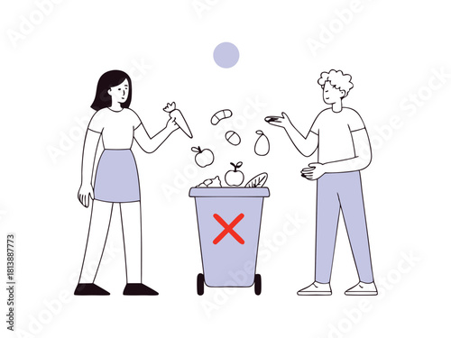 Illustration of people disposing waste in a trash can with transparency for versatile design applications