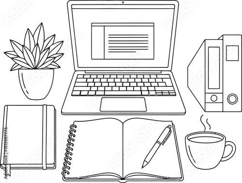 Minimalist workspace sketch with computer book and coffee cup illustration