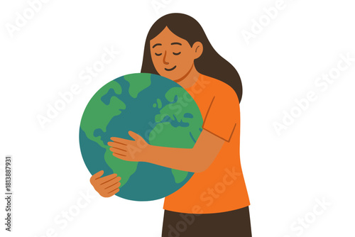 Woman hugging the world globe symbolizing environmental protection and global sustainability