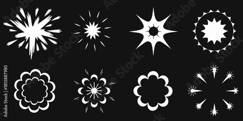 Collection of white starburst and explosion shapes on black background
