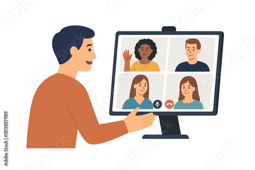 Professional man attending virtual team meeting via video conference on desktop screen