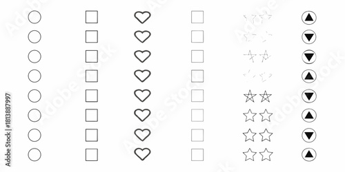 Set of rating icons including circles squares hearts stars and triangles
