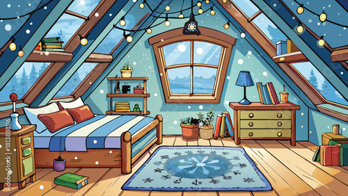 Cozy cartoon bedroom with a soft bed beside a big window and a winter view vector illustration ai generated art