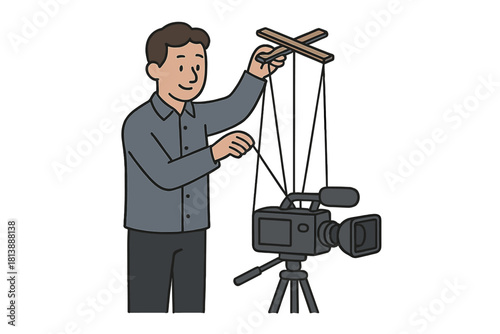 Person operating a video camera on a tripod using puppet strings for control