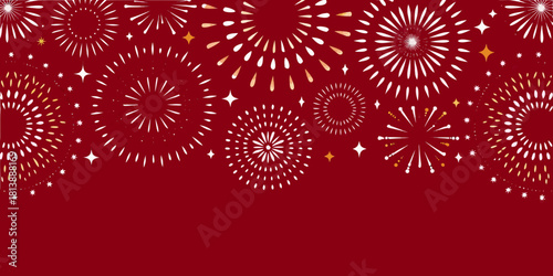 Festive red background with white and gold fireworks and stars
