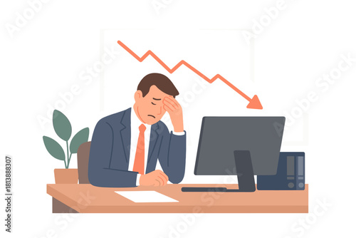 Stressed businessman reacting to a sharp financial loss indicated by a declining graph on his monitor