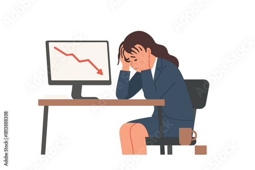 Businesswoman suffering financial loss and stress while looking at a downward trend graph on her computer screen
