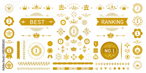 Collection of golden award ribbons crowns and ranking badges