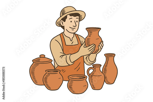 Smiling artisan potter holding a finished clay vase surrounded by traditional handmade ceramic earthenware