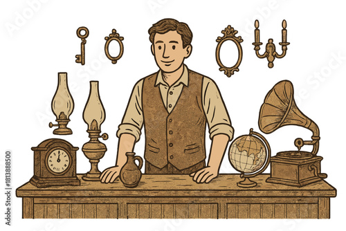 Smiling antique dealer standing behind a wooden counter filled with vintage objects and collectibles